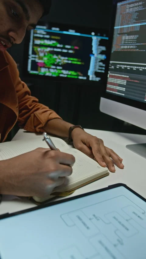 Asian Man Writing Notes in Notebook during Software Development Stock Footage 348372589