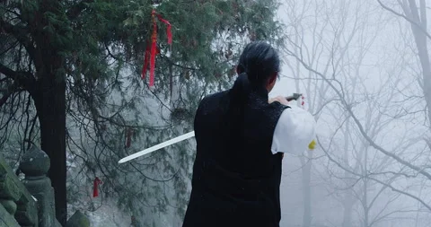 Asian master, demonstrates Tai chi martial arts sword combat in Wudang mountain Stock Footage 201094186