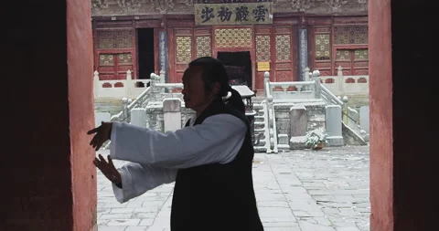 Asian master, demonstrates Tai chi martial arts in Wudang mountain China. Slow m Stock Footage 201096670
