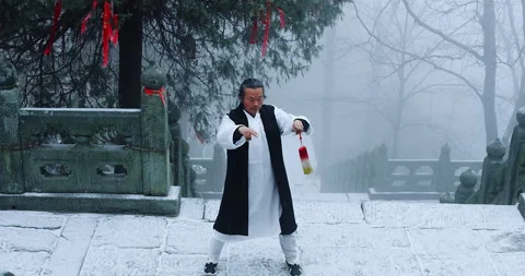 Asian master, demonstrates Tai chi martial arts sword combat in Wudang mountain Stock Footage 201096784