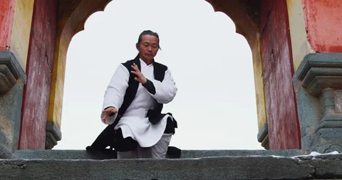 An Asian master of tai chi martial arts demonstrates tai chi in Wudang mountain Vídeos de archivo 201094174