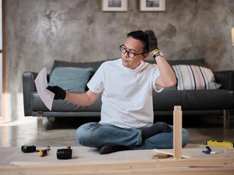 Asian mature man assembles flat-pack furniture with DIY tools and instruction Stock Photos