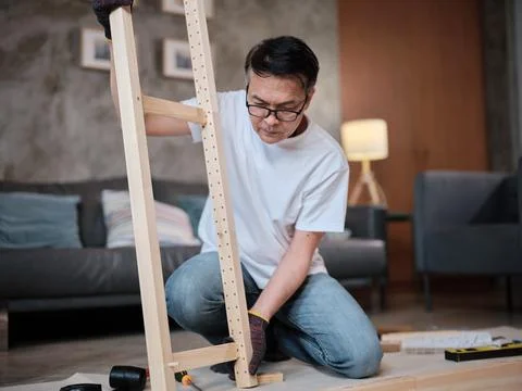 Asian mature man self-assembles wooden furniture with strength and accuracy. Stock Photos