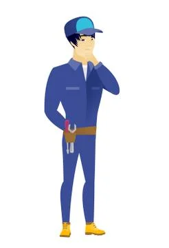 Asian mechanic thinking vector illustration Stock Illustration