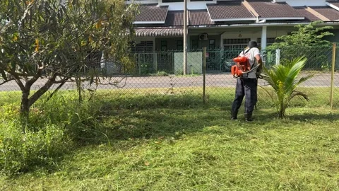 Asian men cutting grass on yard Stock Footage 328486494