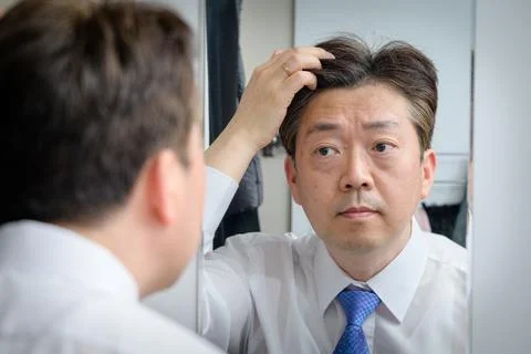Asian middle-aged man looking in the mirror and touching his hair Stock Photos