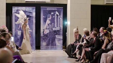 Asian model wearing long white gown at Sue Wong Fall Show 2016 LS Stock Footage 70998271