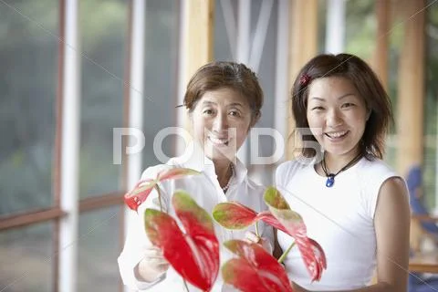 Asian mother and adult daughter arranging flowers Stock Photos