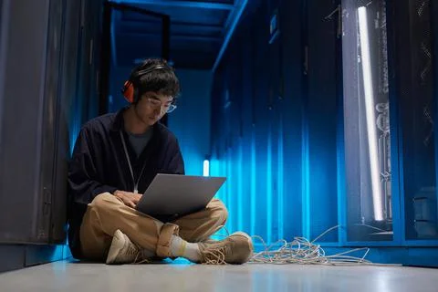Asian Network Engineer in Data Center Stock Photos
