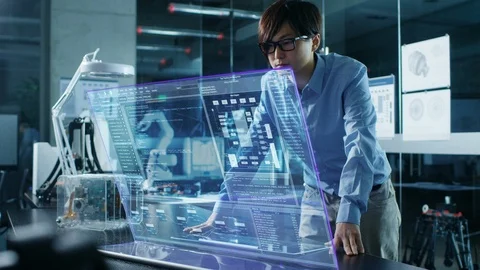 Asian Neural Microchip Design Engineer Uses Modern Computer With Display Stock Footage 85702398