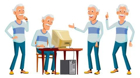 Asian Old Man Set Vector. Elderly People. Senior Person. Aged. Active 스톡 일러스트