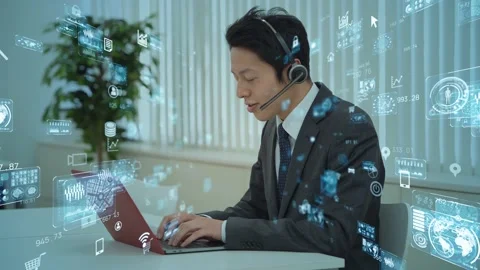 Asian operator in office. Communication network concept. GUI (Graphical User Int Stock-Footage 142334859