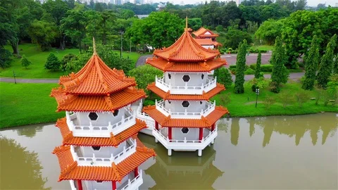 Asian Pagodas In City Park Stock Footage