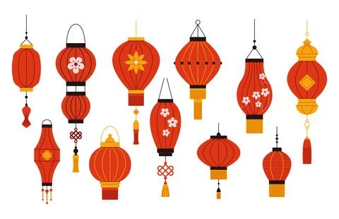 Asian paper red lanterns flat color vector objects set Stock Illustration