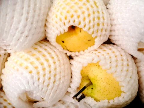 Asian pears wrapped in protective white netting, showcasing the fresh produ.. Stock Photos