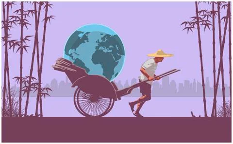 Asian peasant transporting terrestrial globe on his pushcart Stock Illustration