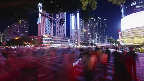 Asian pedestrian wait traffic light cross busy road time lapse Crowd city street Stock Footage 308445550