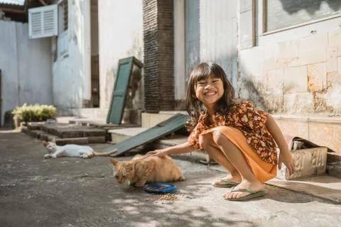 Asian playing with cat at java traditional home 스톡 사진