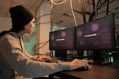 Asian programmer solving database server cyberattack, system hacked alert 写真素材