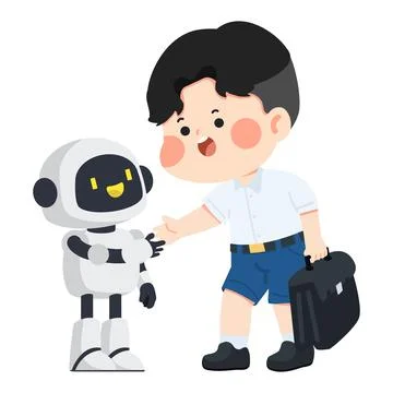 Asian school boy meeting robot friend Stock Illustration