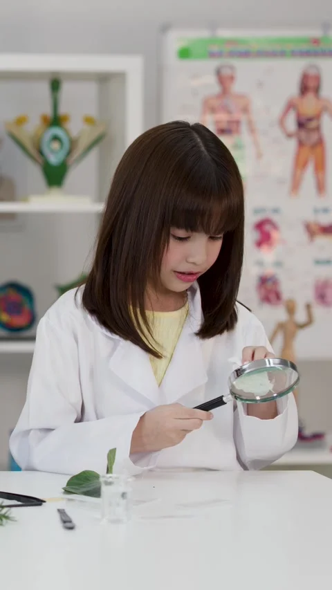 Asian Schoolgirl in Lab Coat Using Magnifying Glass in Science Class Stock Footage 346220286