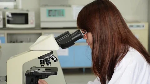 Asian scientist looking through microscope for microbiology test in laboratory Stockbeeldmateriaal 82551517