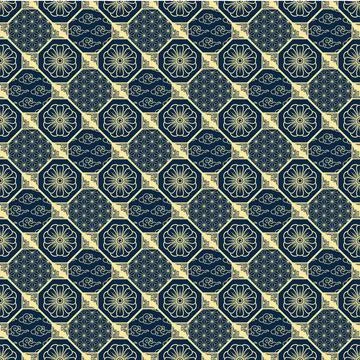 Asian seamless pattern in dark navy and gold Stock Illustration
