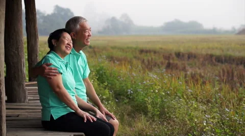 Asian senior couple sitting next to rice field. agricultural business Video stock 59376653