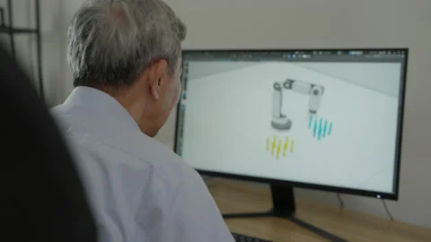Asian Senior Developer using Computer to Designer Robot Arm at Home. Stock Footage 207129103