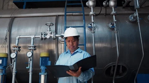 An asian senior engineer reading manual in front of fuel tank Video stock 116751254