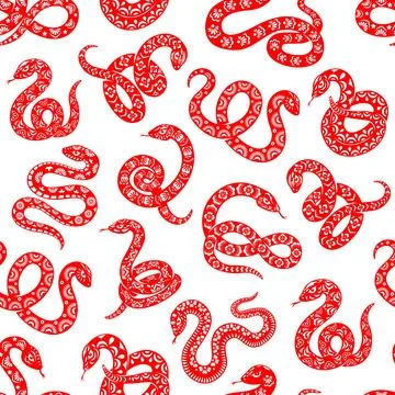 Asian snake reptiles seamless pattern with flowers Stock Illustration