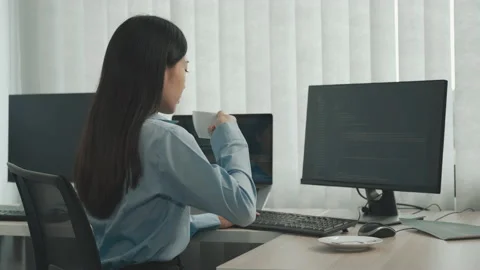 Asian software developers are sitting and working in the morning. Stock Footage 150843217