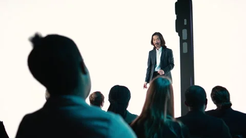 Asian speaker hosting new smartphone launch event showcasing smart display Stock Footage 328332502