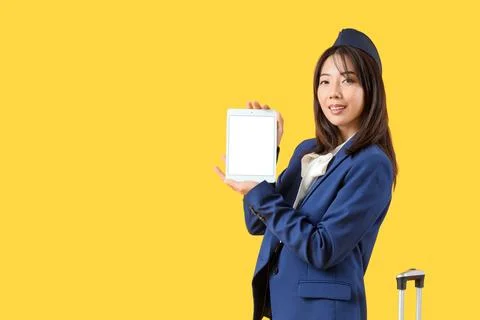 Asian stewardess with blank tablet computer on yellow background Stock Photos