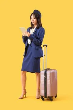 Asian stewardess with tablet computer and suitcase on yellow background Stock Photos