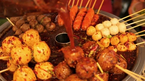 Asian Street Food: Chef Pours Hot Spicy | Stock Video | Pond5