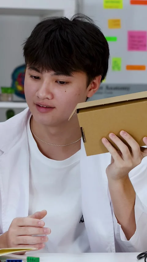 Asian Student Shaking Cardboard Box During Science Experiment in Classroom Stock Footage 341662822