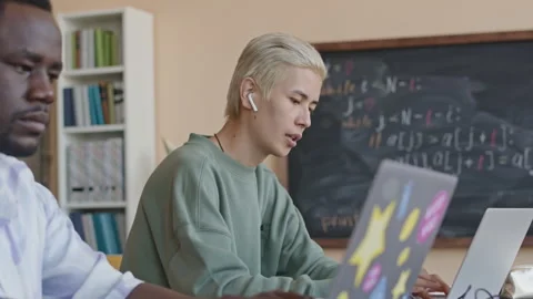 Asian Student Singing and Coding during Programming Class Stock Footage 257061383