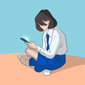 Asian student in uniform using smartphone  hand drawn illustration vector. 스톡 일러스트