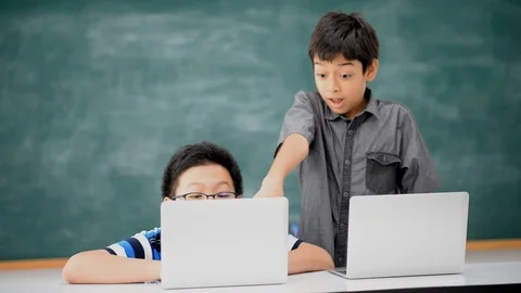 Asian students boy using laptop learning in the classroom at school Stockbeeldmateriaal 105206624
