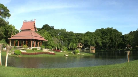 Asian Style Sala By A Pond In Thailand Stock Footage