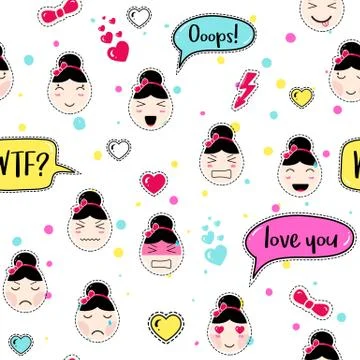 Asian style seamless pattern with anime emoticons girl Stock Illustration