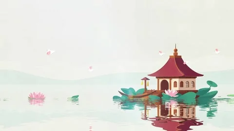 Asian-Style Structure Floating On Water with lotus Flower Video stock 303952091