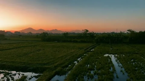 Asian sunset time-lapse with mountains and rice fields. Cinematic footage. Stock Footage 282235769