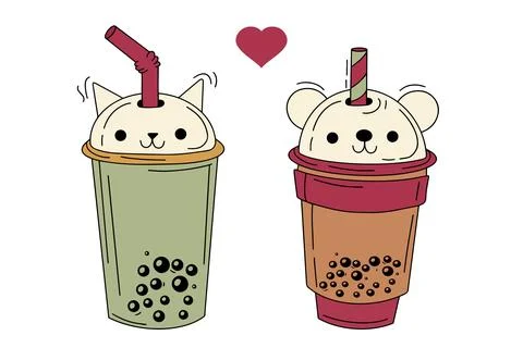 Asian tea, soft drinks in plastic cups, trendy dessert, colorful vector colle Stock Illustration