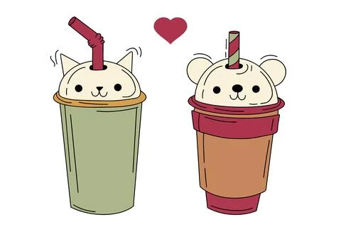 Asian tea, soft drinks in plastic cups, trendy dessert, colorful vector Illustrazione stock