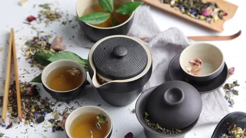 Asian tea on white table, rotate Stock Footage 170497010