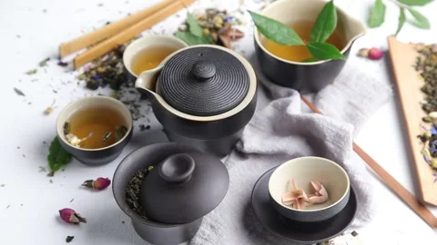 Asian tea on white table, rotate Stock Footage 170662925