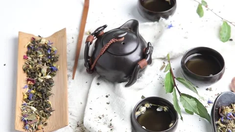 Asian tea on white table, rotate Stock Footage 170662993