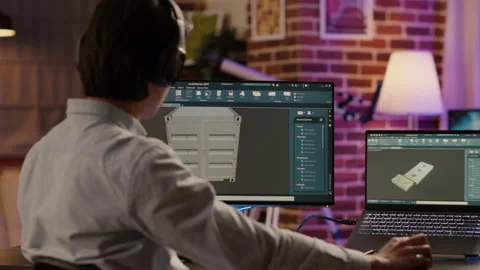 Asian technician using industrial software to create product component Stock Footage 200364294